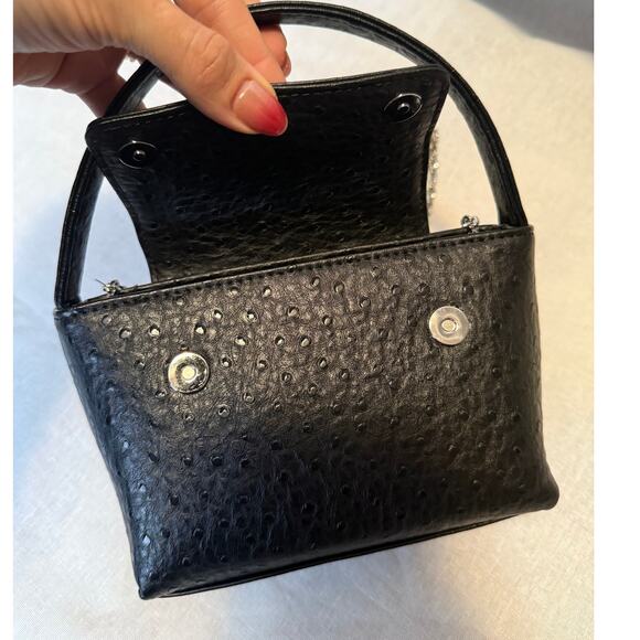 MANGO MNG Ostrich Embossed Mini Satchel Black Faux Leather Crossbody Chain - Picture 2 of 10